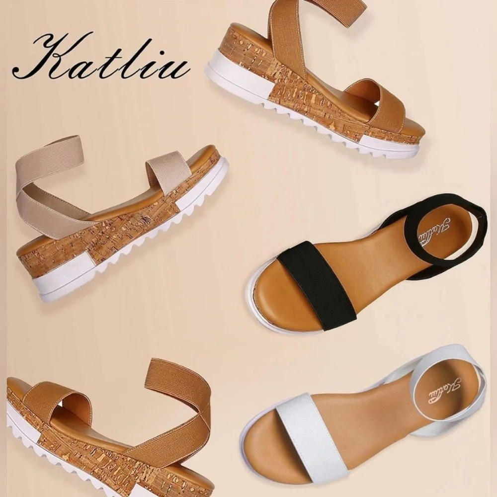 KATLIU WEDGE CORK PLATFORM SANDALS ELASTIC ANKLE STRAP WOMENS WHITE COLOR SIZE 9